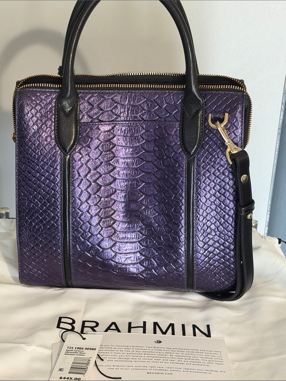 Brahmin Metallic Purple Embossed Satchel with Black Trim - Picture 3 of 5